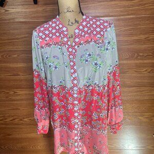 olive hill tunic blouse multicolor floral 3/4 rolltab sleeve buttons womens Sz M